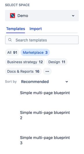Screenshot of template selection during page creation